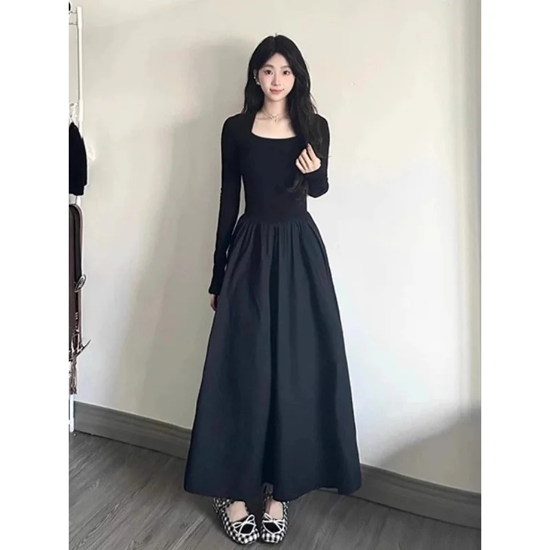

2026 Early Spring New Style Square-Neck Long-Sleeve Dress With A Cinched Waist And Large HemlineAHigh-Waisted Long Skirt