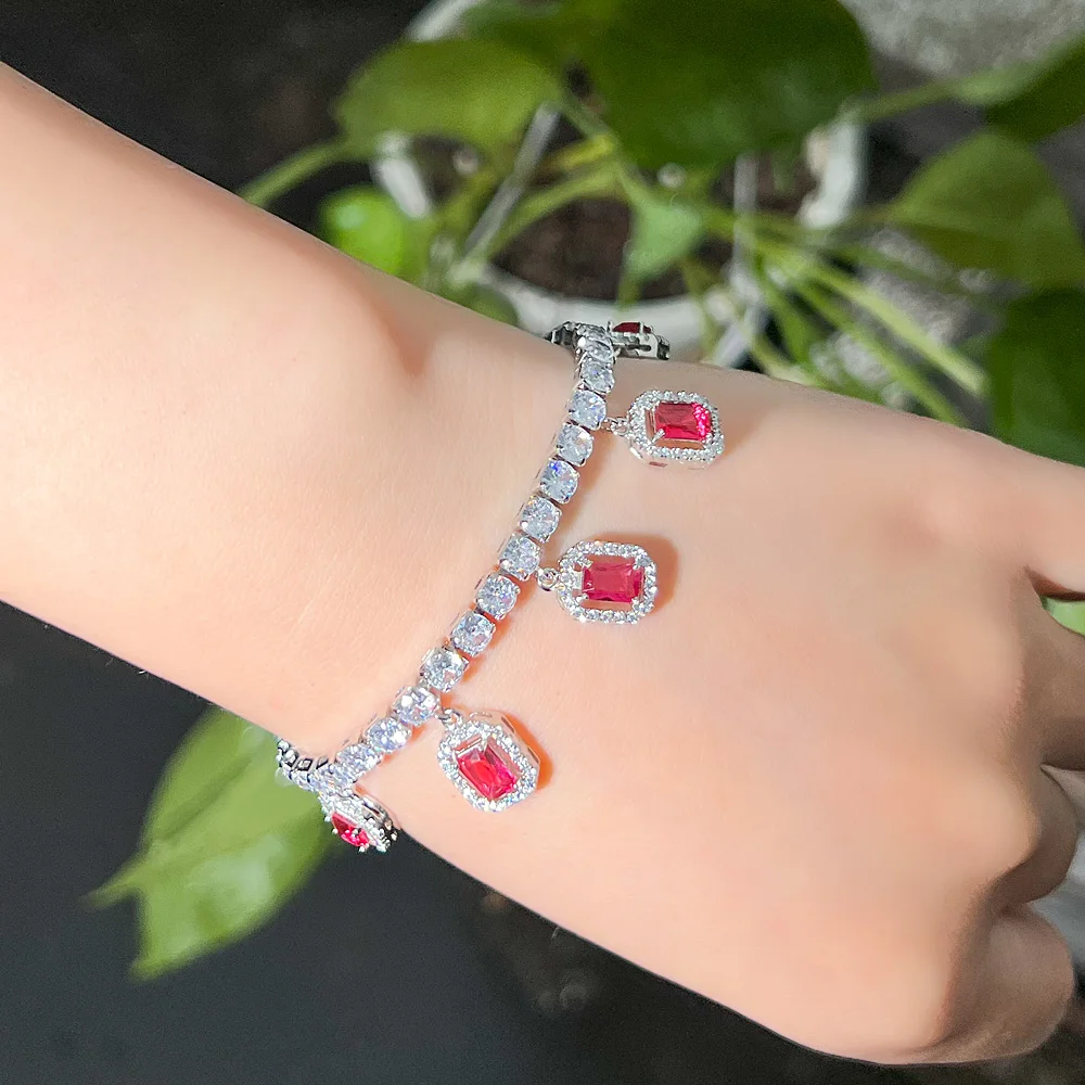 CWWZircons Adjustable Size Bling Blue Red Cubic Zirconia Crystal Silver Color Rectangle Charms Tennis Bracelets for Women CB307