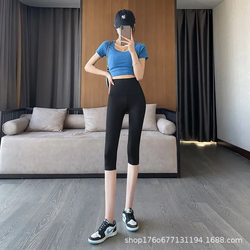 Women High Waist Capri Shark Leggings Tummy Control Slim Fit Butt Lifting Stretchy All Match Tights for Gym Fitness Cycling Work