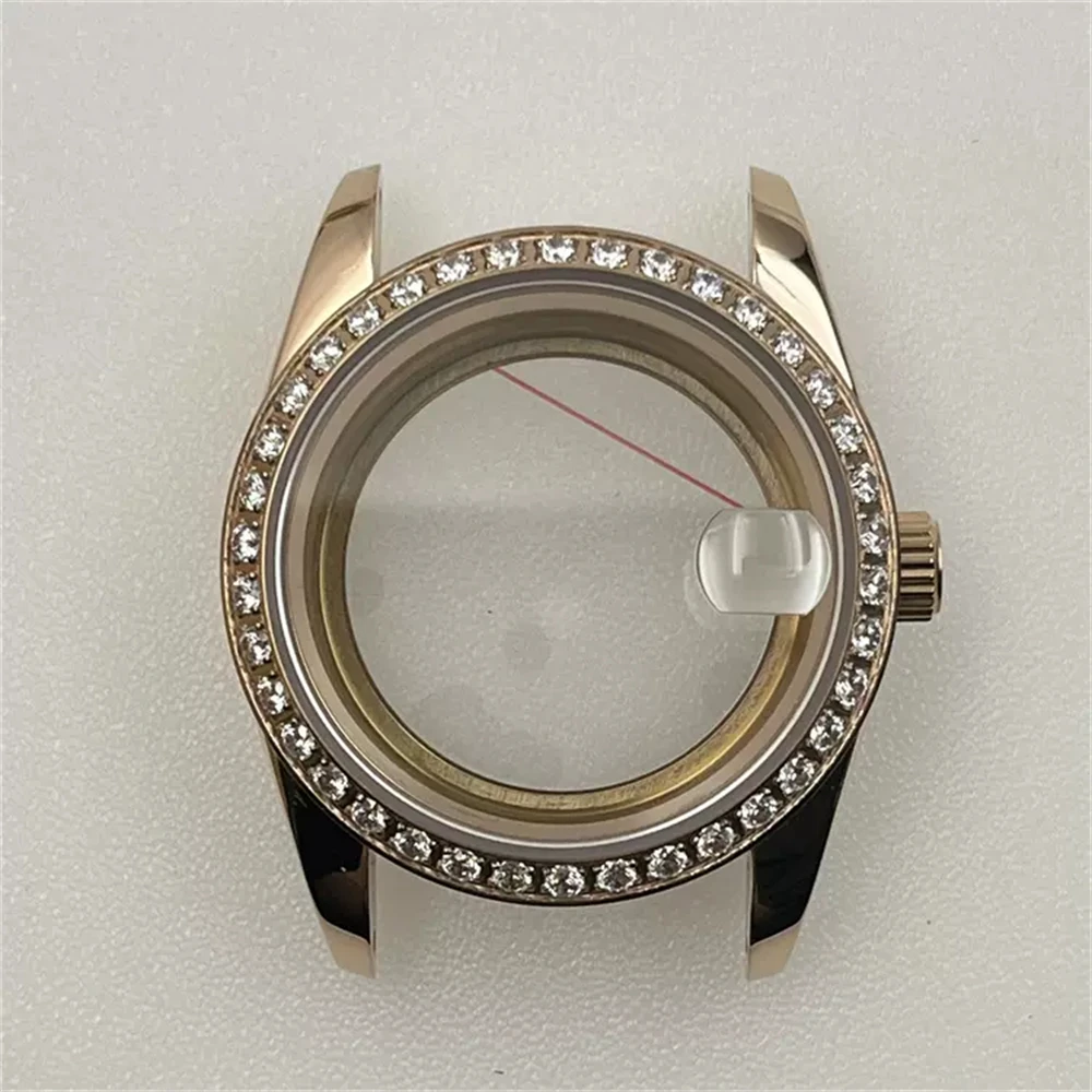 Cassa in acciaio inossidabile NH35 da 36 mm, cassa dell'orologio in vetro zaffiro con lunetta con strass alla moda adatta al guscio del movimento NH35A NH36 4R35A 4R36A