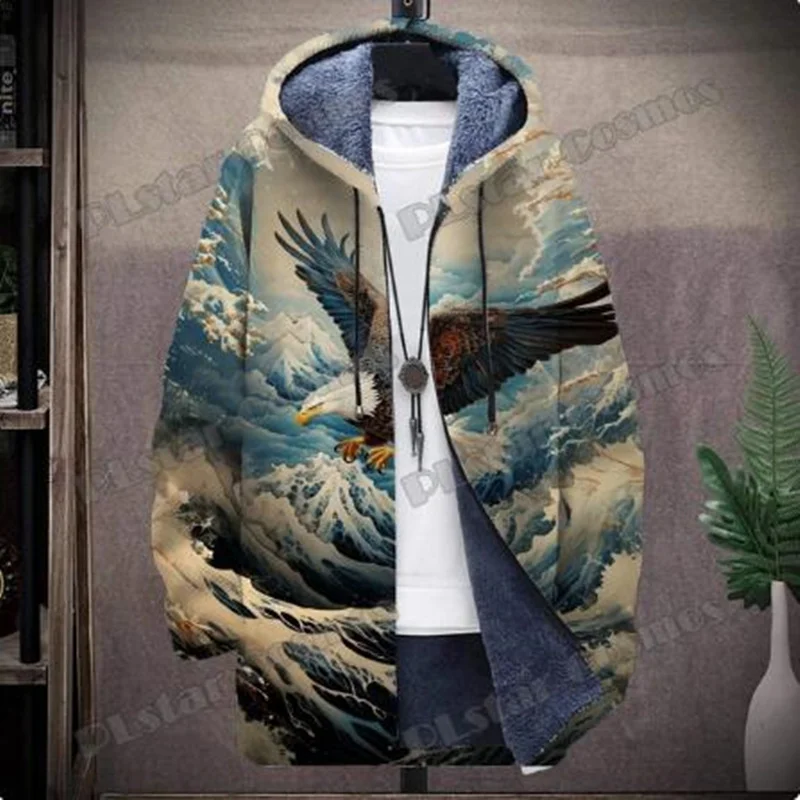 

Fashion men's winter hooded jacket Eagle graffiti 3D printed zippered hooded jacket Harajuku Street casual sports warm jacket