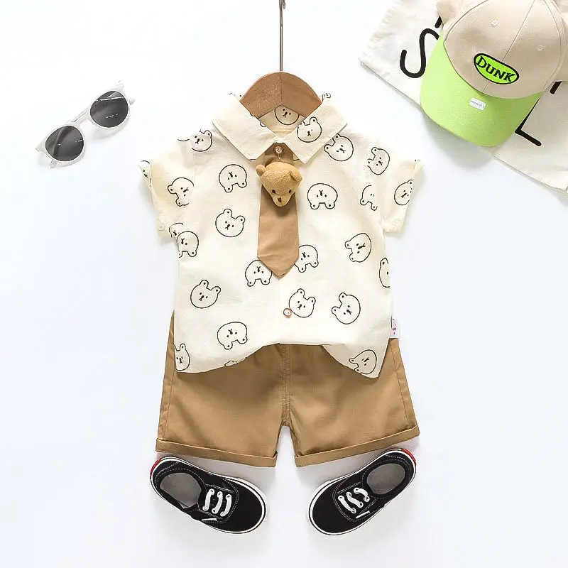 Children Clothes Cartoon Bear Baby Boy Short Sleeve Full Printe Causal Shirts Pants 2Pcs/set Kid Fashion Toddler Tracksuits