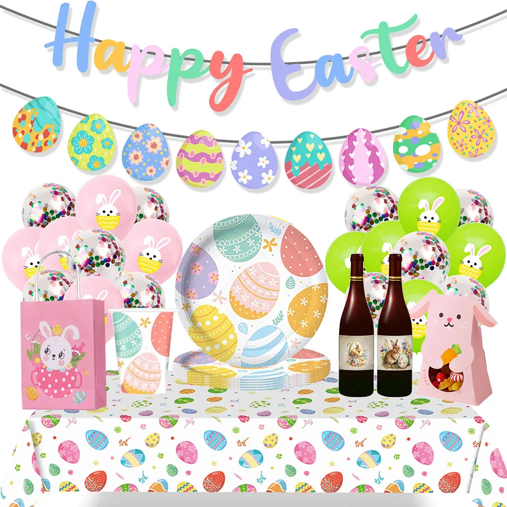 Easter Theme Party Decor Supplies Bunny Birthday Banner Tablecloth Balloon Wine Bottle Stickers Girls Birthday Baby Shower Decor