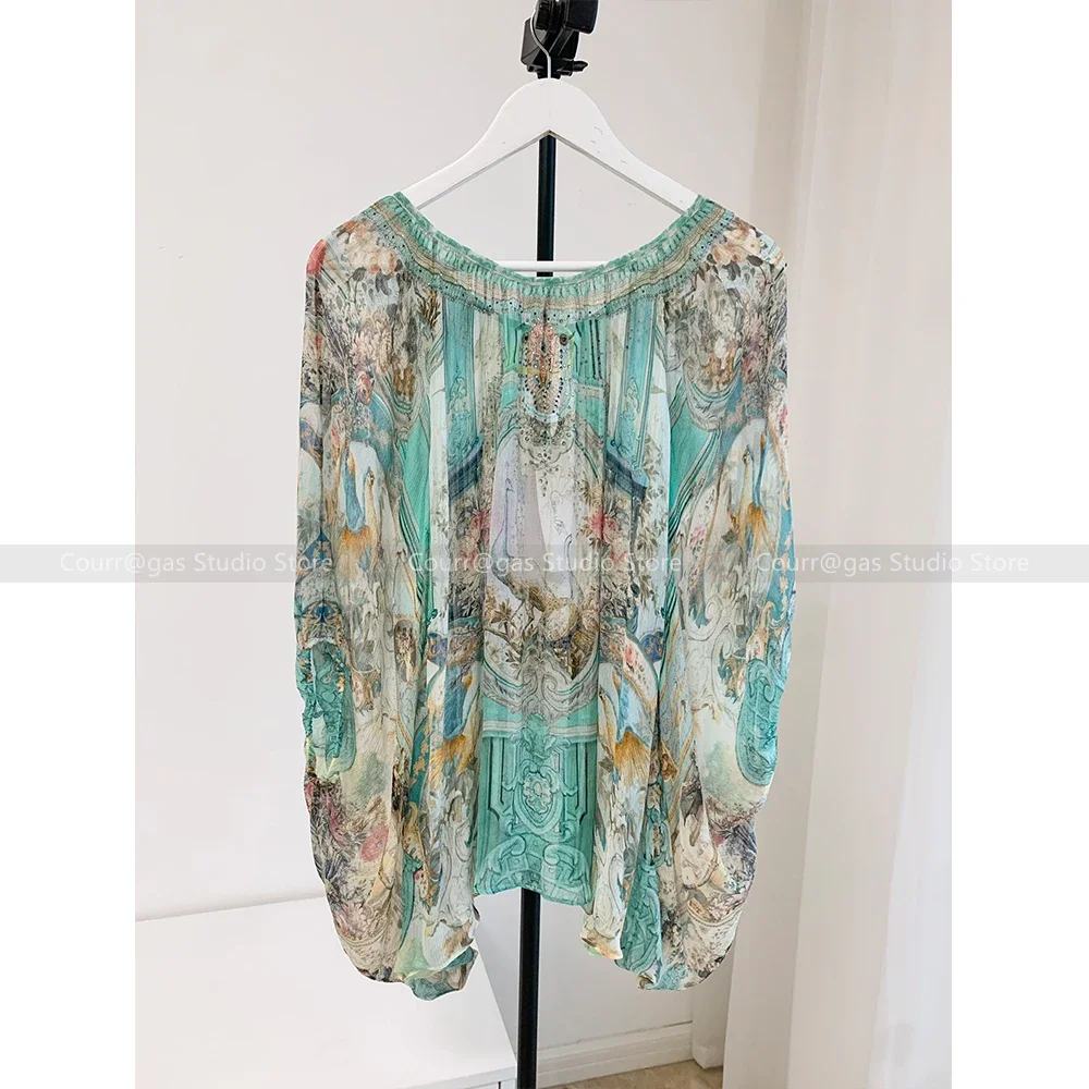 2024 Summer New Resort Style Silk Diamonds Mint Green Blouse Bat Sleeve Loose Top