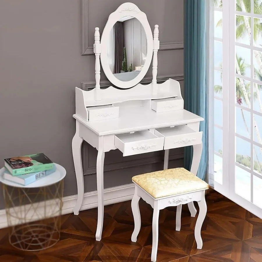 Vanity Table Set with 4 Drawers and 360 Rotating Oval Mirror, Removable Top, Wood Dressing Table with Cushioned Stool, Small Ma