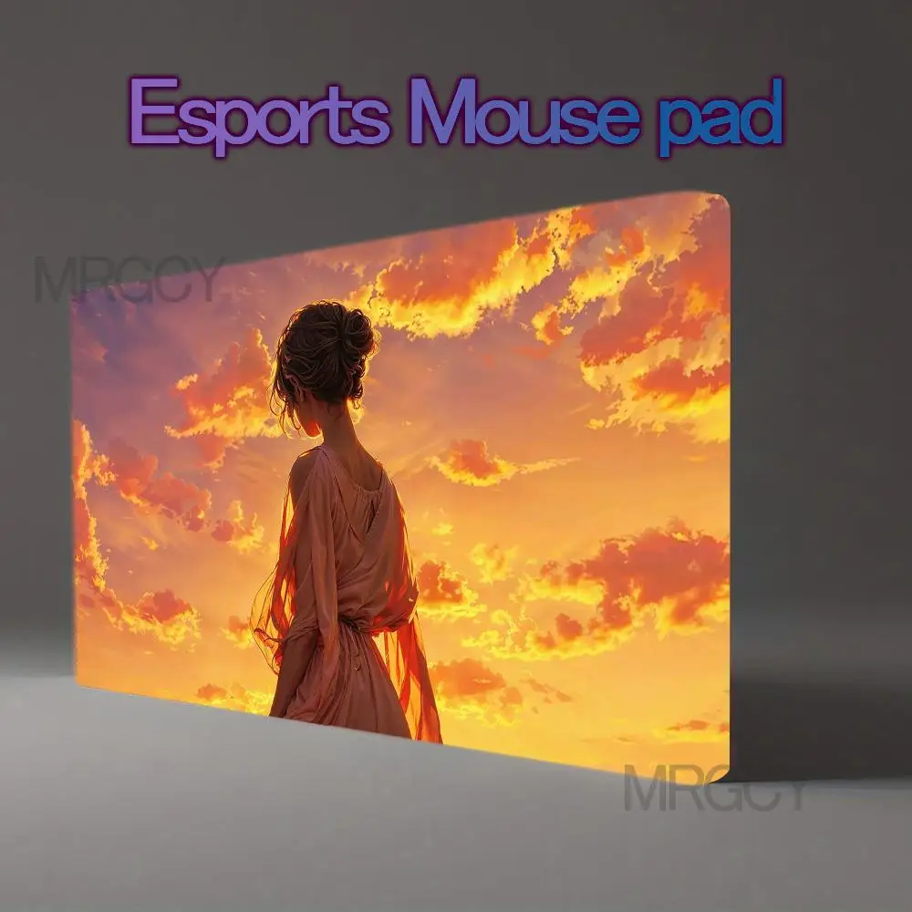 Anime Girl Back View Sunset Glow Sky Large Mouse Pad Elegant Lady Orange Cloud Scenery alfombrillas para escritorio