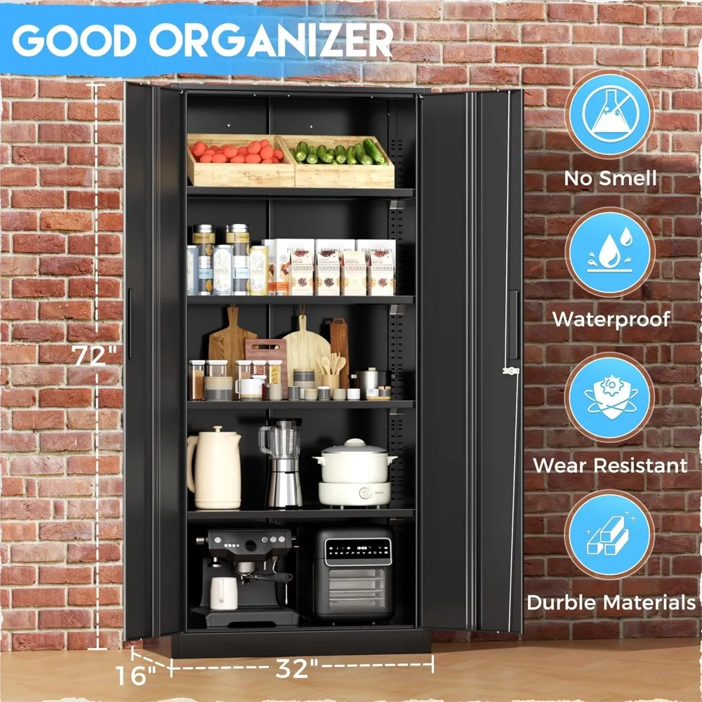 خزانة تخزين معدنية سوداء بطول 72 بوصة مع أبواب قابلة للقفل وأرفف قابلة للتعديل لتخزين المرآب والأدوات