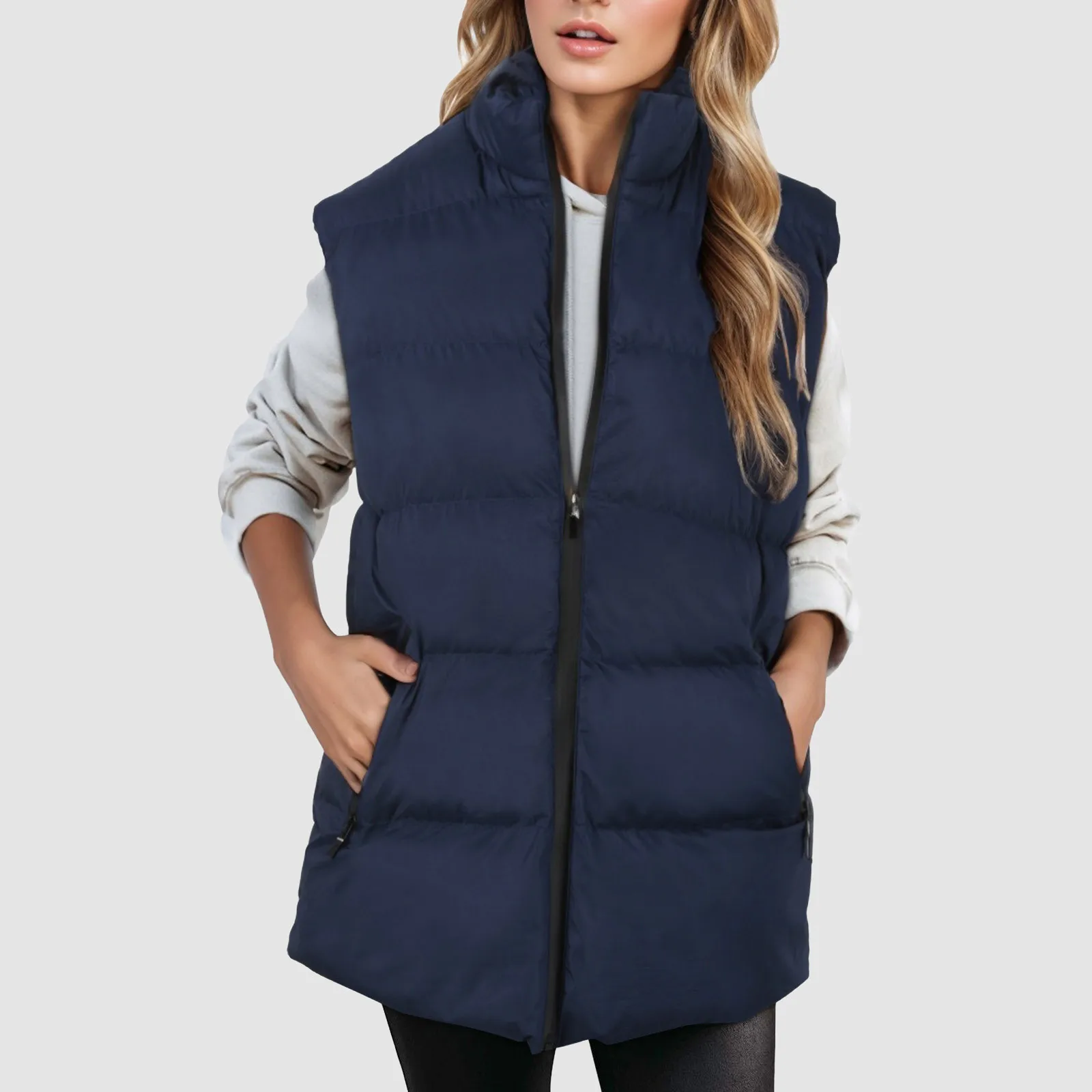 Sleeveless Stand Collar Slant Pockets Zipper Vest Overcoat Women Winter Warm Cotton Padded Waistcoat Outerwear abrigos invierno