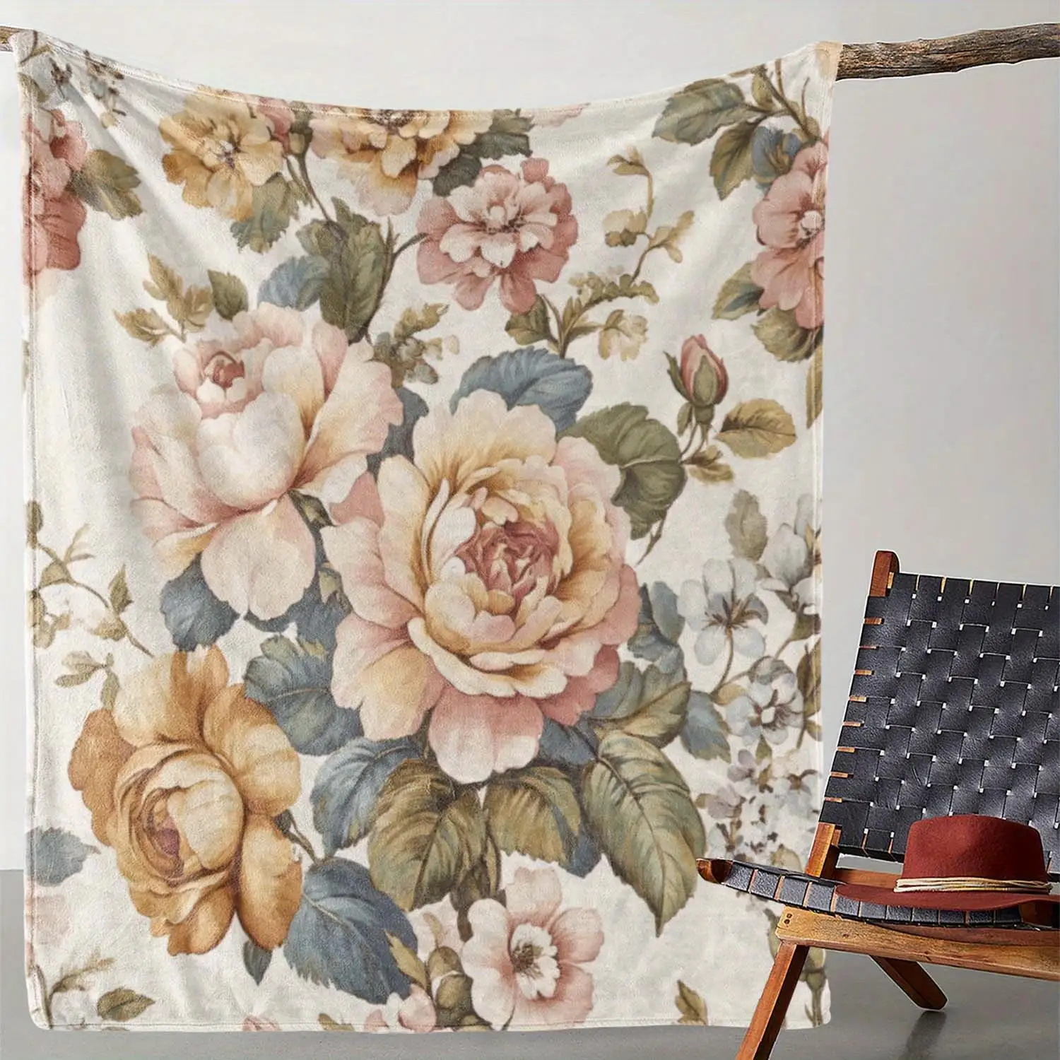 Retro country style flower theme Flannel printed blanket suitable for all seasons suitable for living room office sofa travel