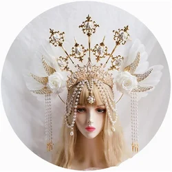 Lolita Vintage Headband Angel Gold Halo Goddess Headpiece Virgin Mary Halo Crown Bead Chain Baroque Tiara Headwear