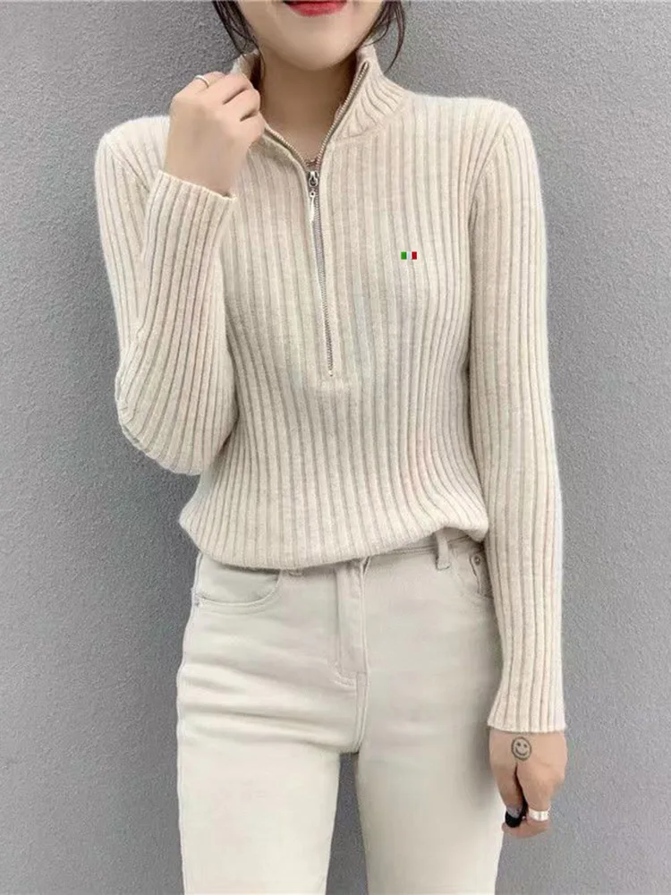 Jersey de manga larga con cuello alto y cremallera para mujer, de punto grueso suéter de lana, ajustado, abrigo informal coreano, Invierno