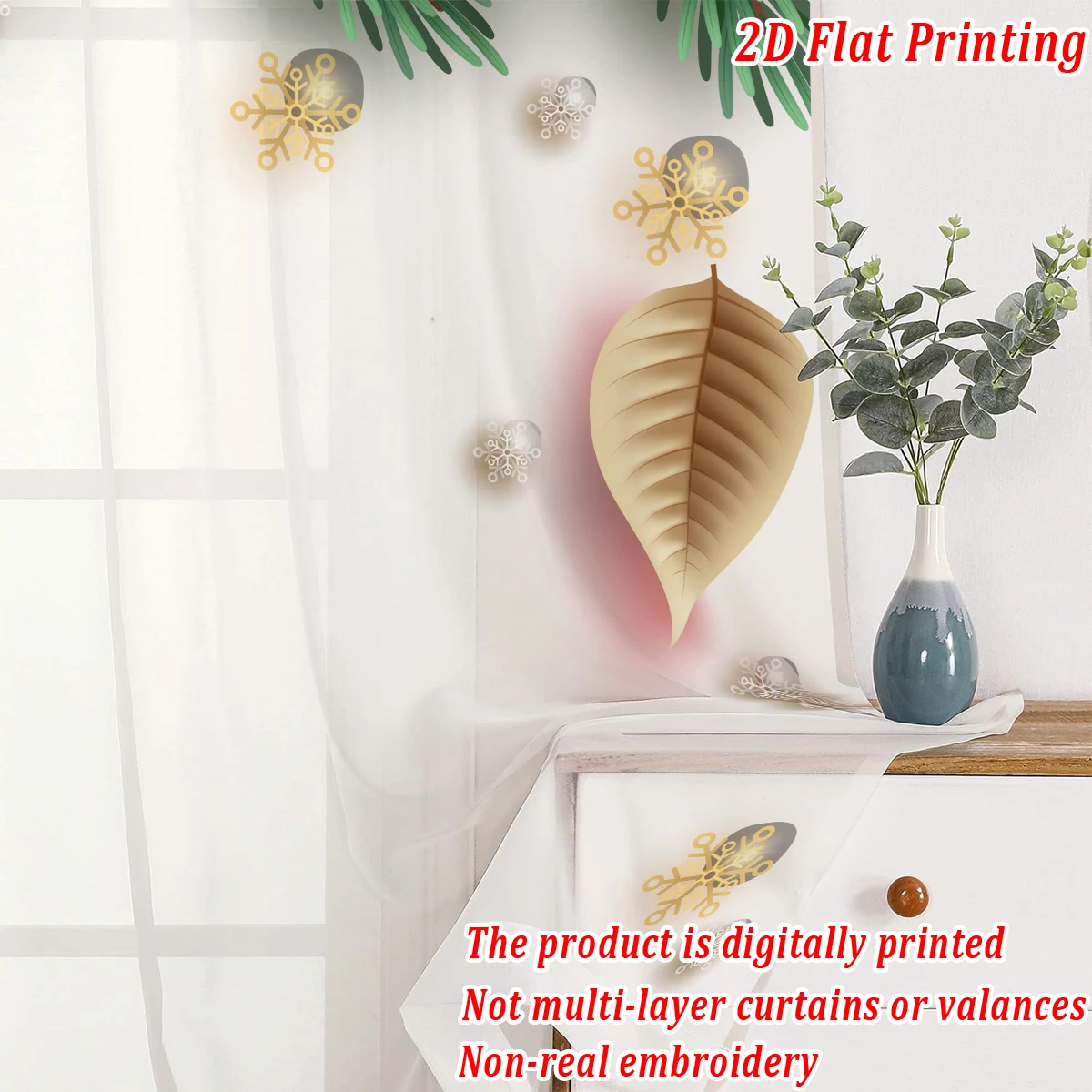 ستارة شفافة مطبوعة مسطحة لعيد الميلاد مع زخرفة ندفة الثلج على شكل ورقة عيد الميلاد لغرفة المعيشة وغرفة النوم وحفلات العطلات