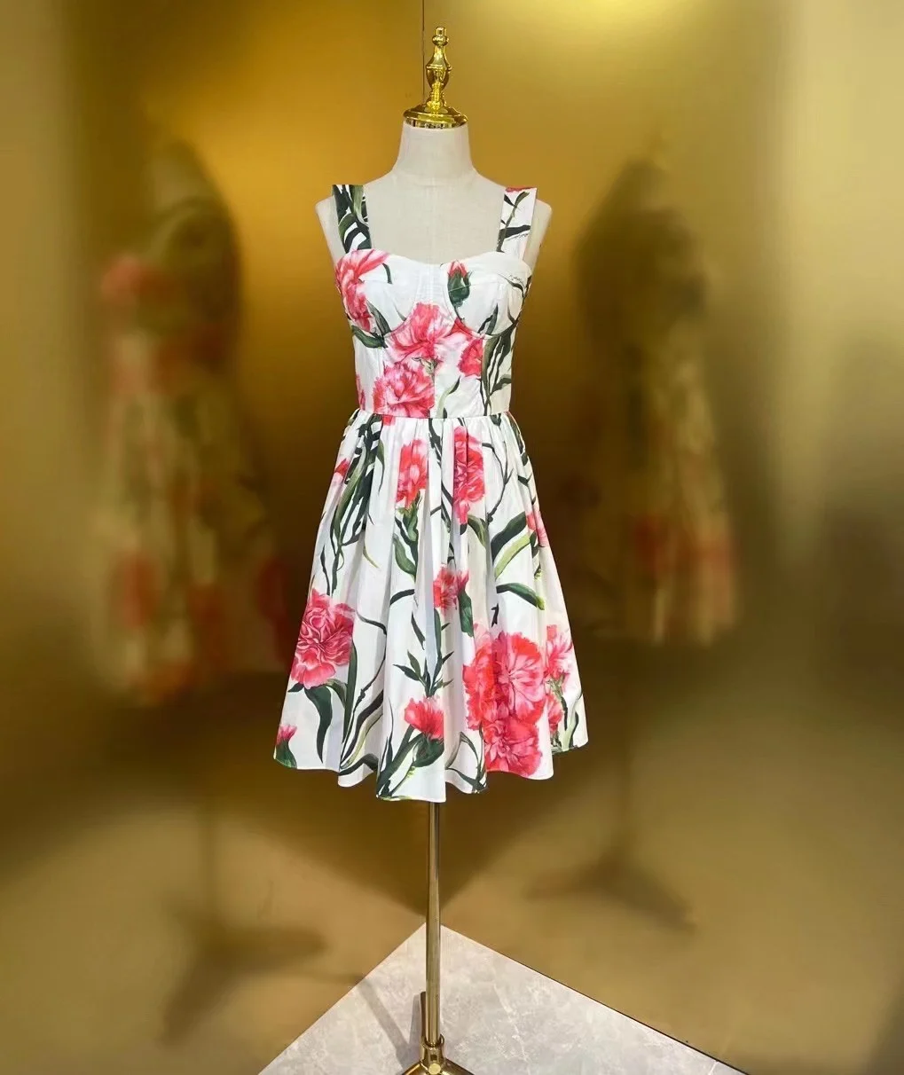 

Faionable ort Cotton Dr with Large Bell Skirt And Rose Print from D Home Print Series Sweet Sle A-Line Dr for Ladies