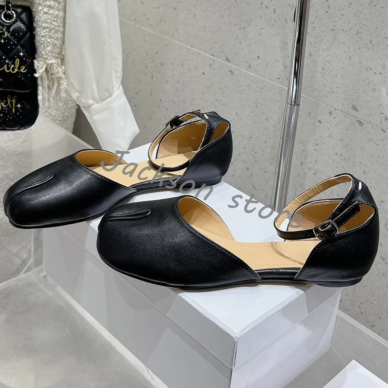 Shallow Mouth Sheepskin Tabi Brand Design Flat Loafers Women Elegant Buckle Ballet Shoes Summer Versatile Formal Dress Sandals