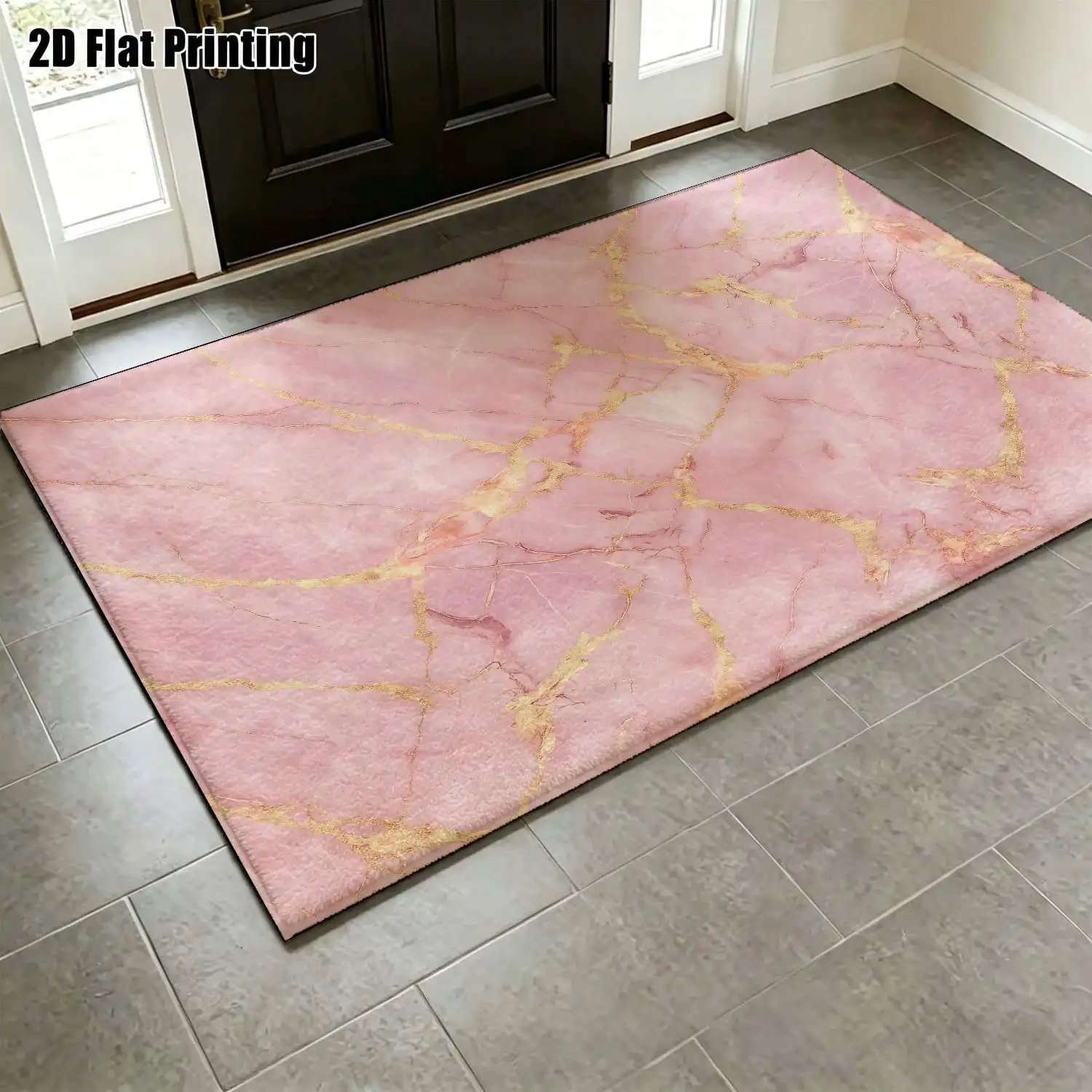 1Pc 2D Printed Pink Marble Texture Nordic/Instagram Style Carpet, Machine Washable, Multi-Size, for Entrance, Dining, Bedroom, Living Room Home Decoration