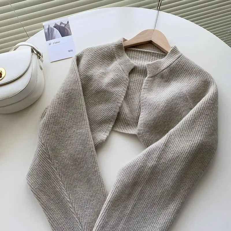 

Элегантный французский короткий вязаный кардиган с рукавами «летучая мышь», свитер, пальто, осень-зима, минималистичная многослойная накидка
