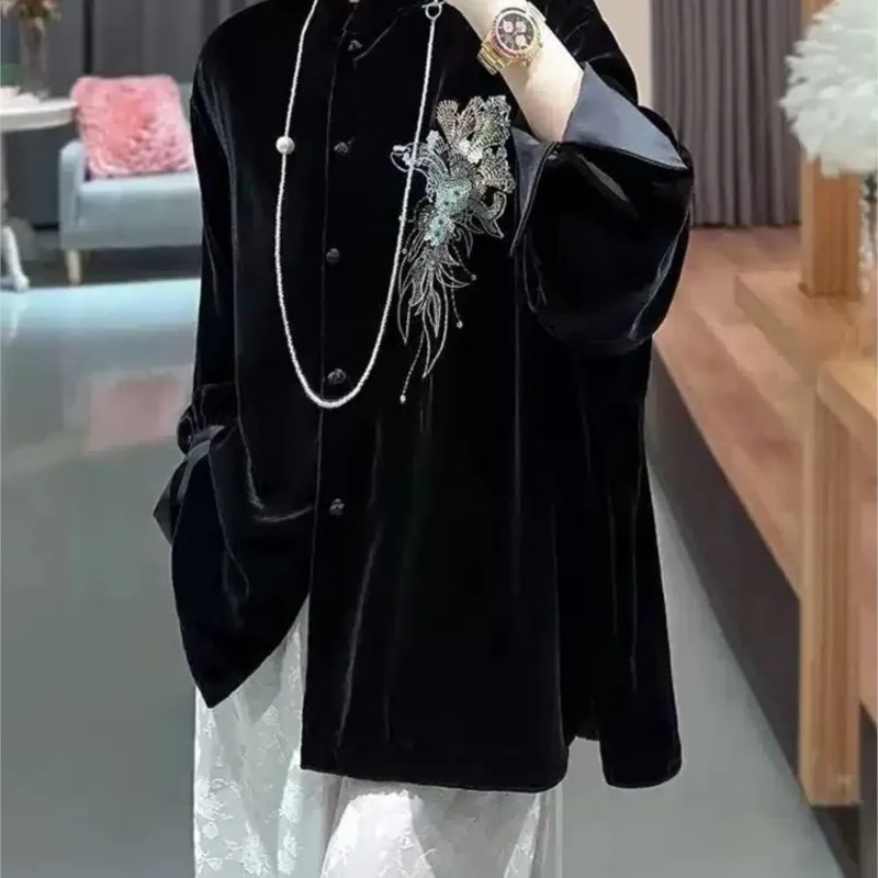 

New Chinese Style Suit Embroidered Artificial Velvet Coat Women's All-Match Cardigan Anti-Aging Top