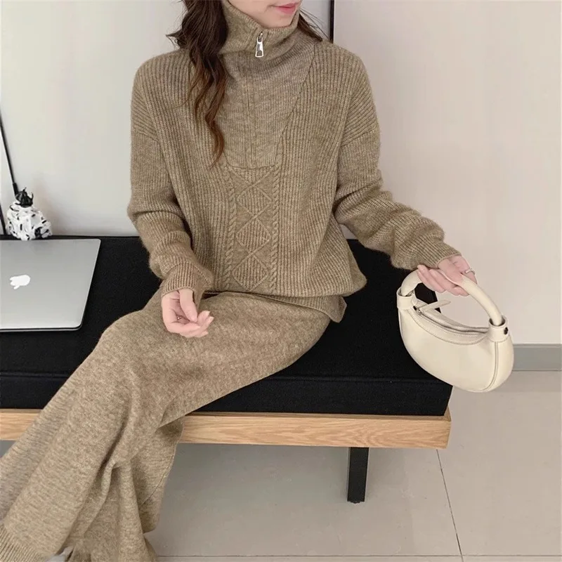 

New Fashion Casual Lapel Half Zipper Knitted Pants Suit Women's Autumn and Winter Sweater Wide-leg Pants Women Two-piece Sets