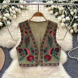 Chic Vintage Embroidery Sleeveless Loose Slim Vest Tank Top Sweet Elegant Bohemian Vacation Fashion Shirt Women Summer Crop Top