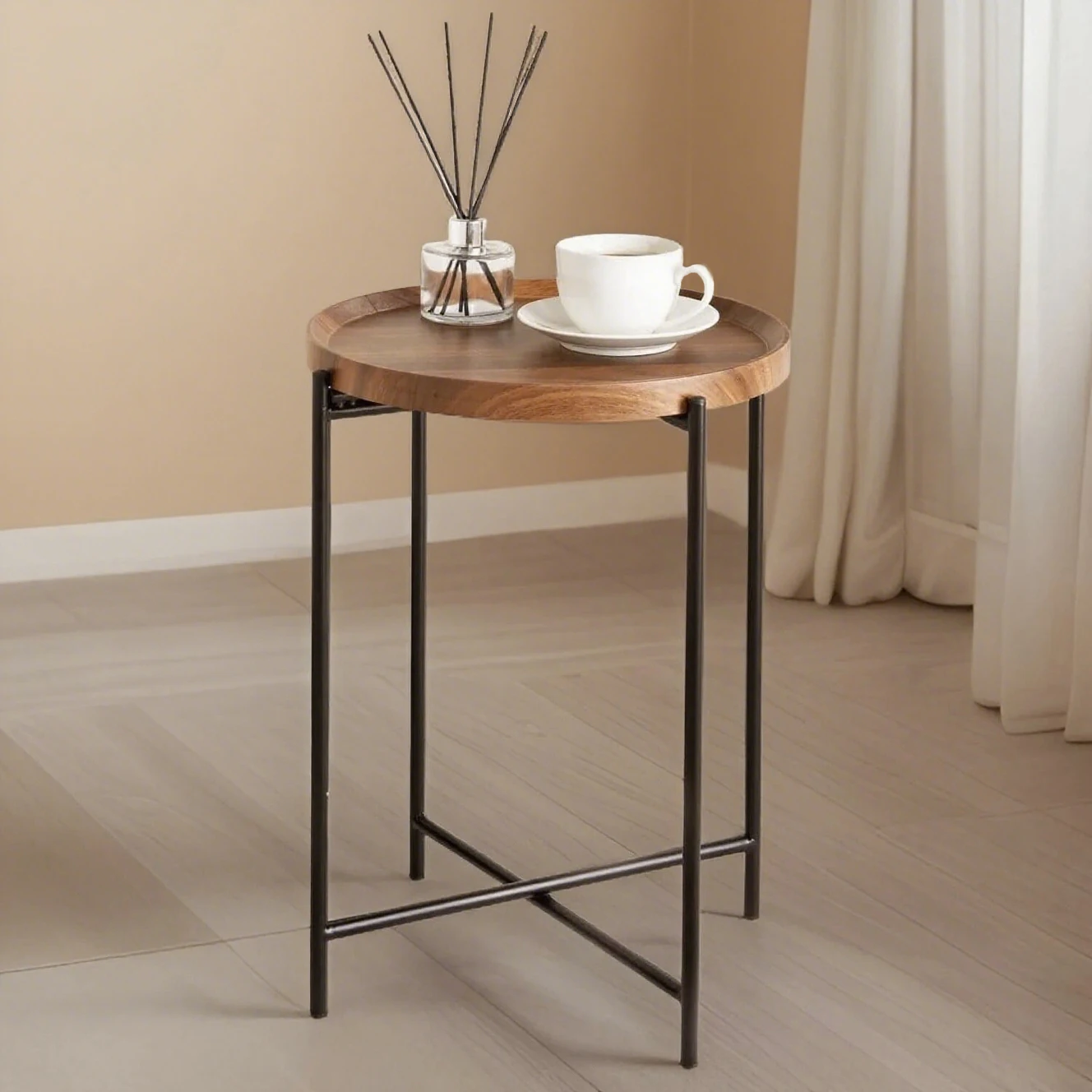 

Modern Walnut Finish Side Table with Removable Tray Top Coffee Table for Small Spaces Living Room Small Drink Table