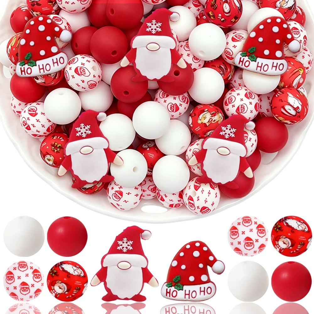 34-teiliges Set mit roten und grünen Weihnachtsmützen-Silikonperlen, zum Basteln von Perlenketten, Armbändern, als Dekoration für Stifte, Schmuckanhänger usw. Geburtstagsgeschenk für die Feiertage – Detail 1