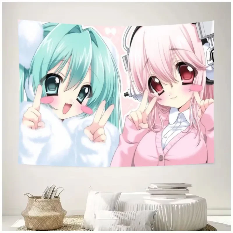 1pc Green&Pink Hair Anime Girls Tapestry Super Cute Two Girls Tapestry Bedroom Dorm Decor Room Stuff Gift & Anime Merchandise
