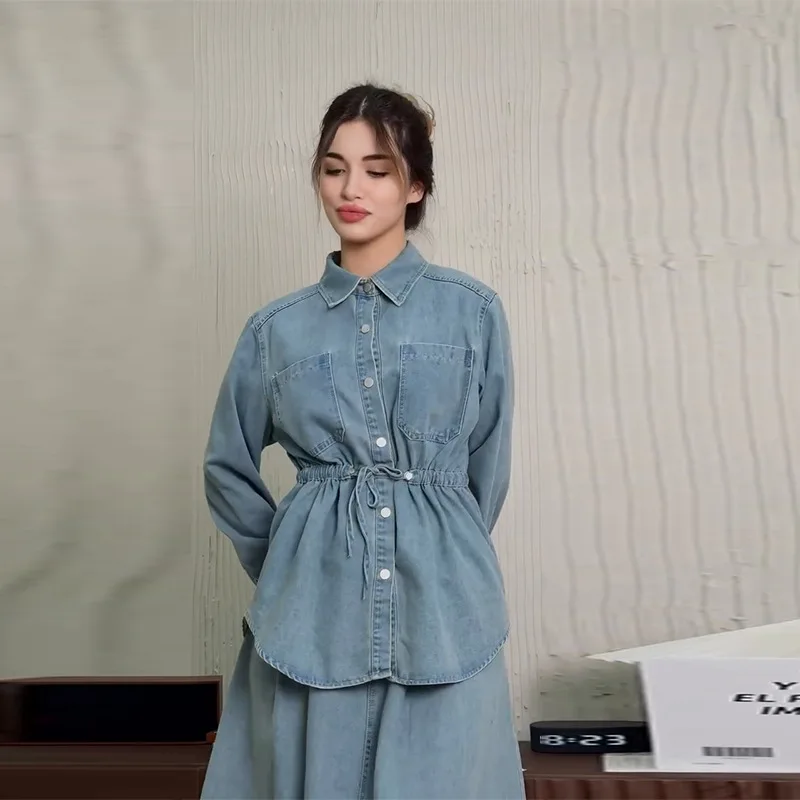 Denim Set da 2 pezzi Camicia musulmana da donna Cappotto Gonne Abiti monopetto Tasche con colletto rovesciato Gonne lunghe Abito overshirt