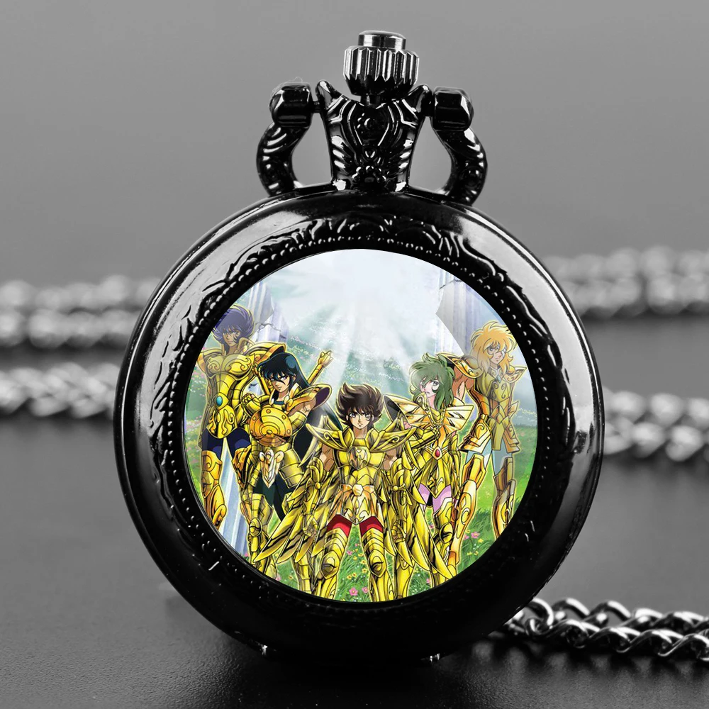 Jam tangan saku Quartz praktis kubah kaca desain Saint Seiya kalung rantai Fob jam hadiah anak-anak kembali ke sekolah