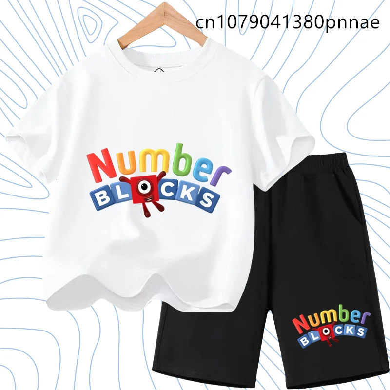 

Boy's Clothing Shirts Short Sleeve Suit Tops Hots Cartoon Number Building Blocks Black T-Shirt Set Boys Kids Clothes Children's