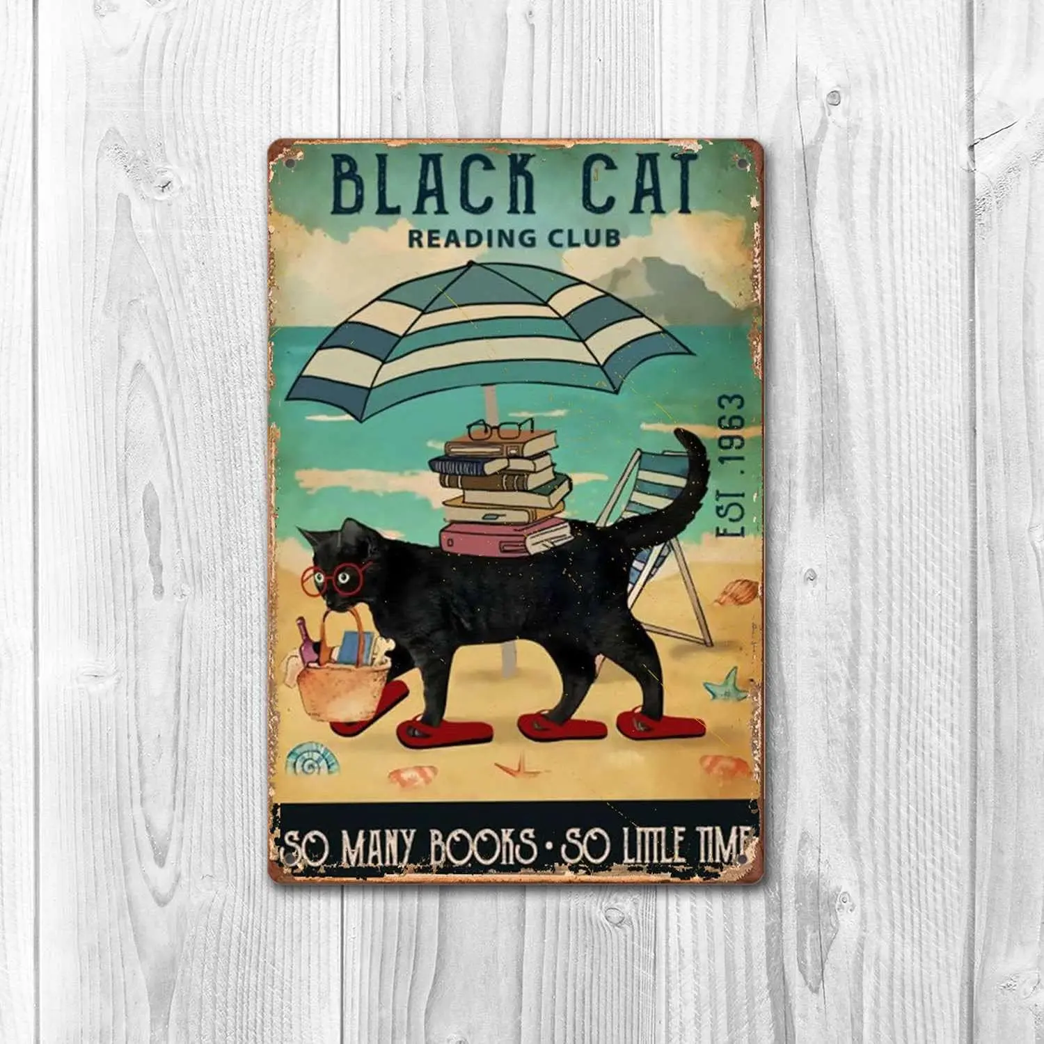 Black Cat Reading Club So Many Books So Little Time Love Reading Books Cat Reading Book Summer Vertical Vintage Metal