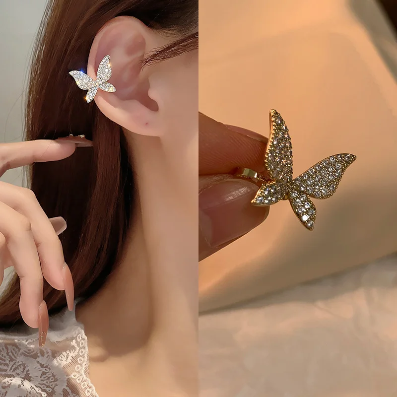 Korean Fashion Butterfly Ear Cuff Without Piercing Sparkling Zircon Women Clip Earrings Wedding Party Jewelry Ear Clips On