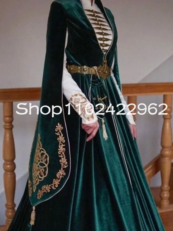 Hunter Green Velvet Tunisian Caftan Prom Occasion Dresses with Cape Sleeve Algerian National Applique Evening Gowns