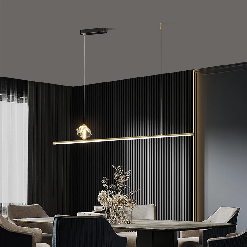 Modern Led Long Strip Pendant Lamp For Dining Room Kitchen Bar With Remote Control Simple Copper Dining Table Led Pendant Lights