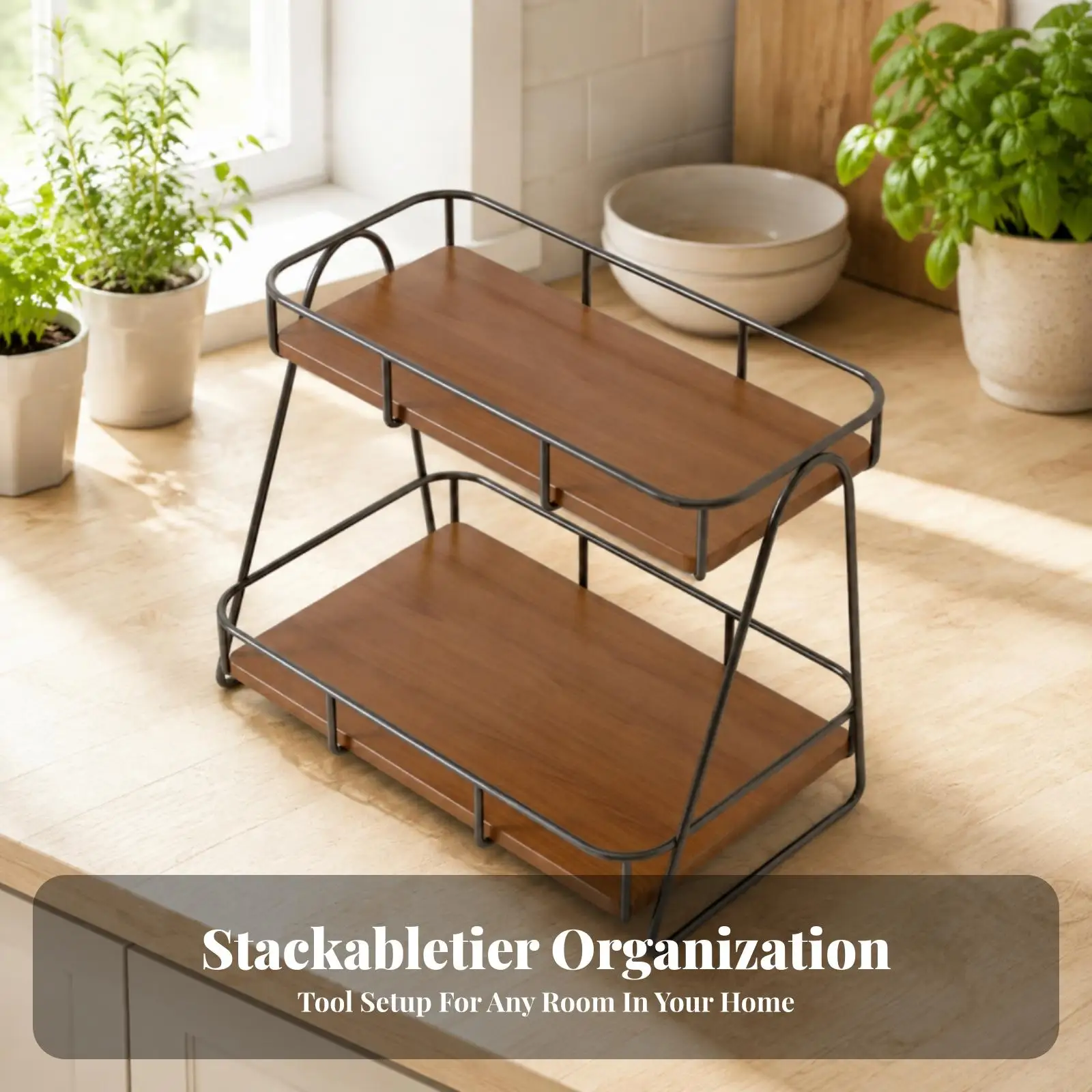 Iron Wood Kitchen Storage Rack Countertop Shelf with Guard Rail for Seasoning Cosmetics Books Office Supplies