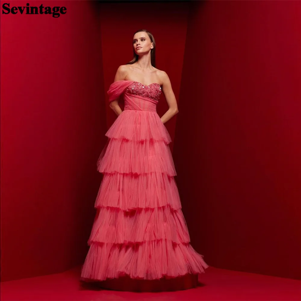 

Sevintage Elegant Fushia Prom Dress Tulle A-Line One Off The Shoulder Tiered Ruched Formal Evening Dress Floor Length Party Gown