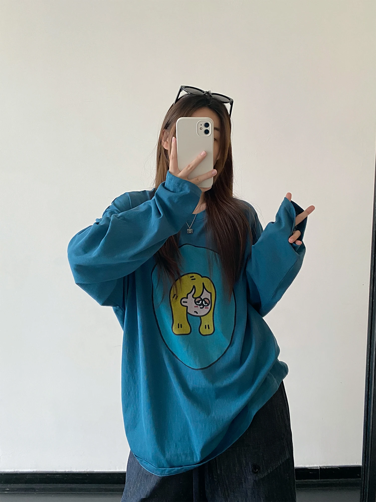 Loose Shoulder Long Sleeve T-Shirt Women's Casual Style round Neck Print Snowflake Cotton Comfortable Lazy Style Top