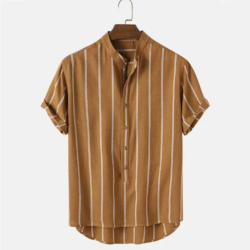 2024 Men's Striped Stand Collar Striped Short Sleeve Shirt  Casual Cotton Linen Button Loose Shirt for Men Summer Fashion S-2XL