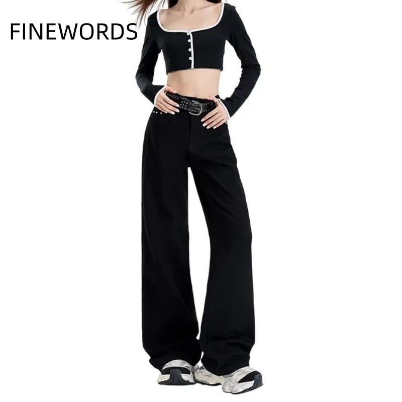 

FINEWORDS High Waist Wide Leg Black Jeans Women Korean Baggy Rivet Jeans Korean Streetwear Highstreet Retro Casual Jeans