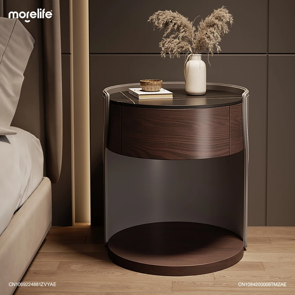 

Solid Wood Creative Light Luxury Small Unit Bedroom High-end Nightstands Semi Circular Design Rock Board Bedside Table K01+