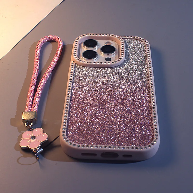 Double-sided Rhinestone Gradient Glitter Phone Case with Lanyard for iPhone 11 12 13 14 15 16 17 Pro Max Anti-fall Back Cover view 2