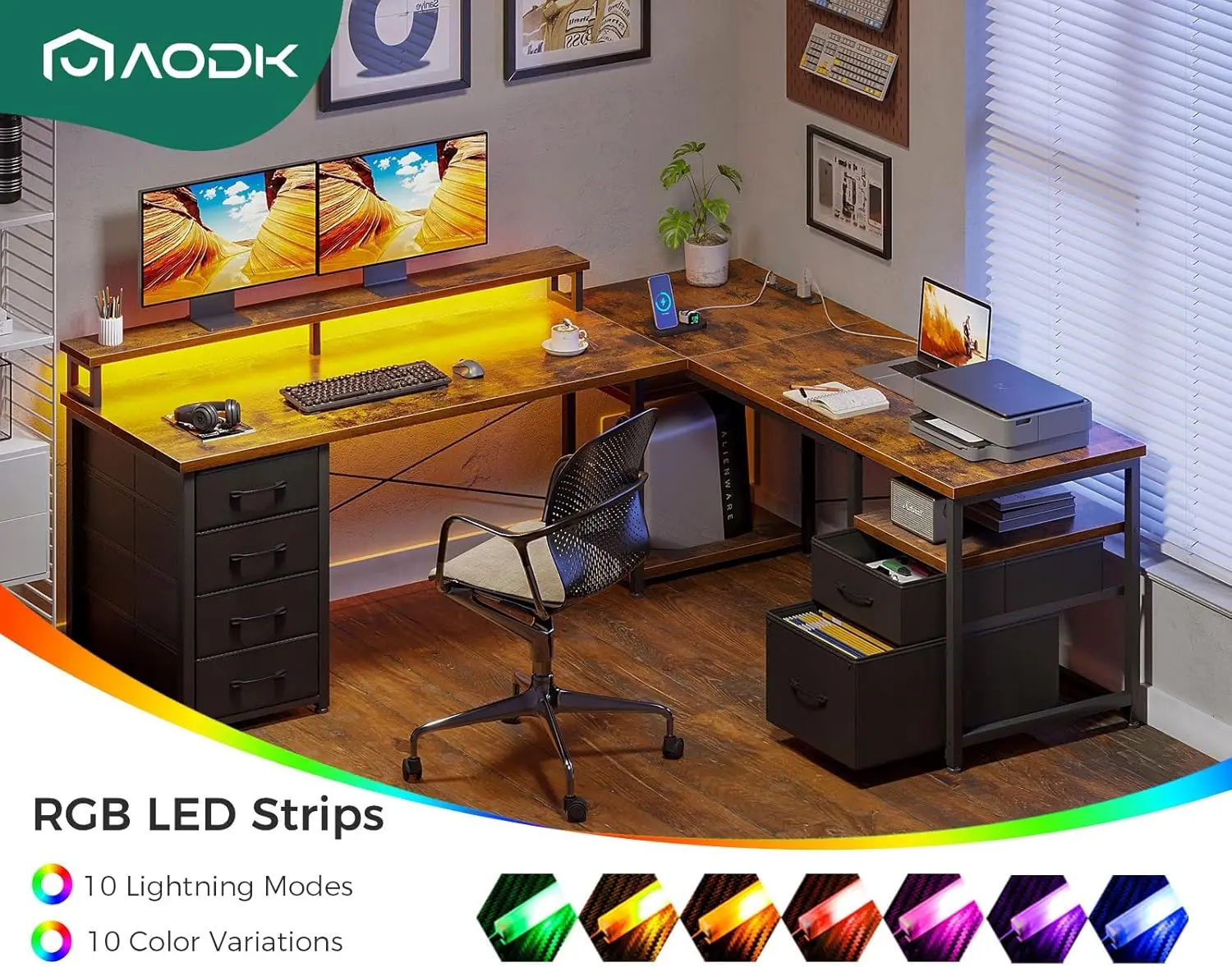 AODK-L Shaped Desk do computador com LED, Home Office Desk reversível, armário de arquivos, 4 gavetas de tecido, 2 pessoas, 105"