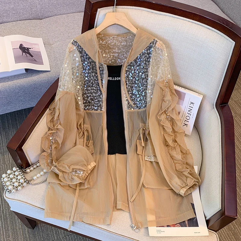 Summer Women Sun Protection Ice Silk Sequined Jacket Hooded Beading Coat Air-conditional Thin Breathable Zippers Cardigan Tops