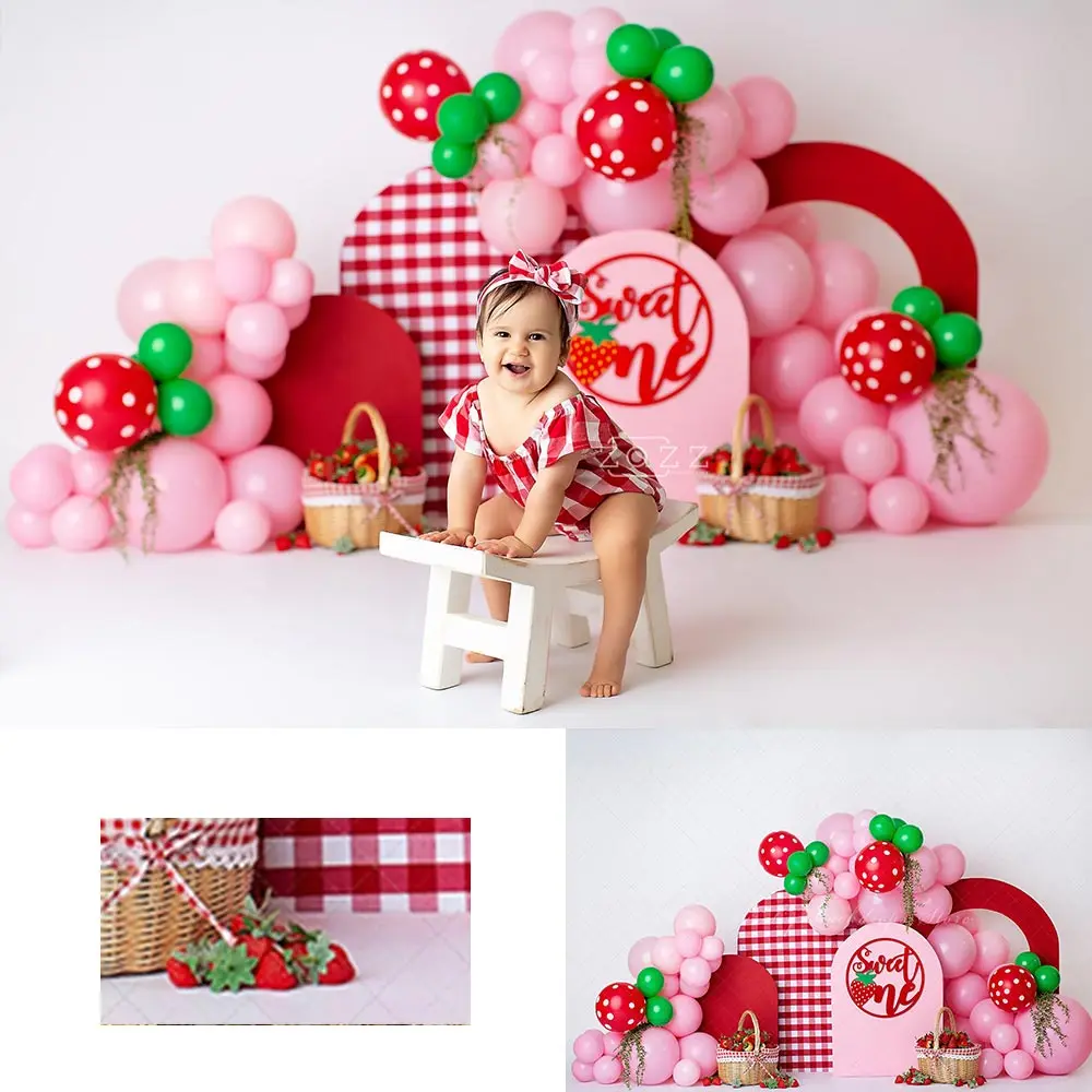 Strawberry Sweet One Red and Pink Backdrop Kids Baby Cake Smash Photography Props Child Girls Adult Birthday Backgrounds