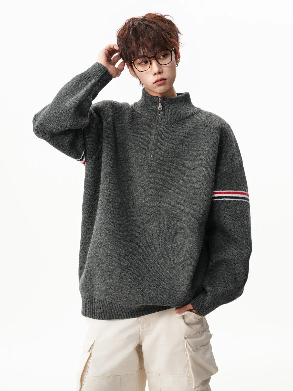 Striped contrast color half zipper stand collar cashmere sweater men's autumn and winter loose lazy sweater top