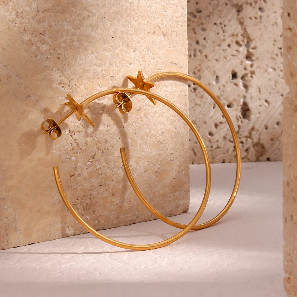 18K Gold Überzogene Edelstahl Große Stern Hoop Ohrringe Für Frau Hypoallergen Pentagramm Dünne Große Runde Schleife Ohrringe Schmuck – Detail 6