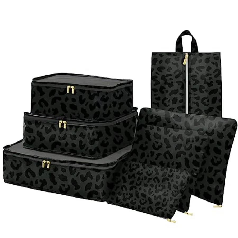 

7 Set Packing Cubes Travel Luggage Organizers for Suitcase Travel Accessories with Shoe Bag for Women Girls Aesthetic Cute Blac