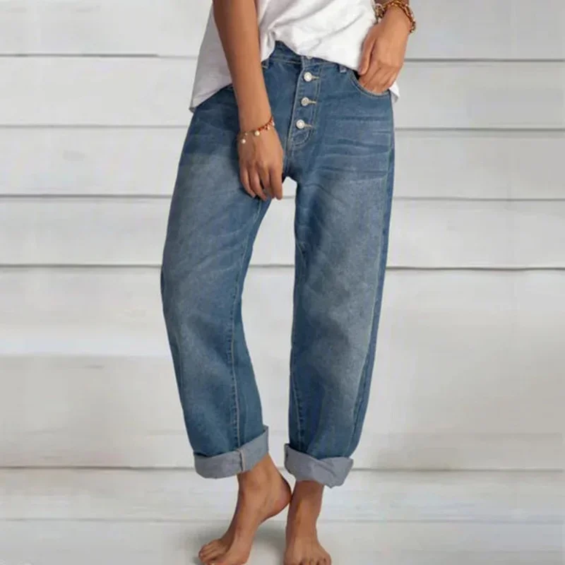 Women Versatile Simple Denim Pants High Waist Single-breasted Splicing Straight Jeans Female Loose Casual Washable Trousers New