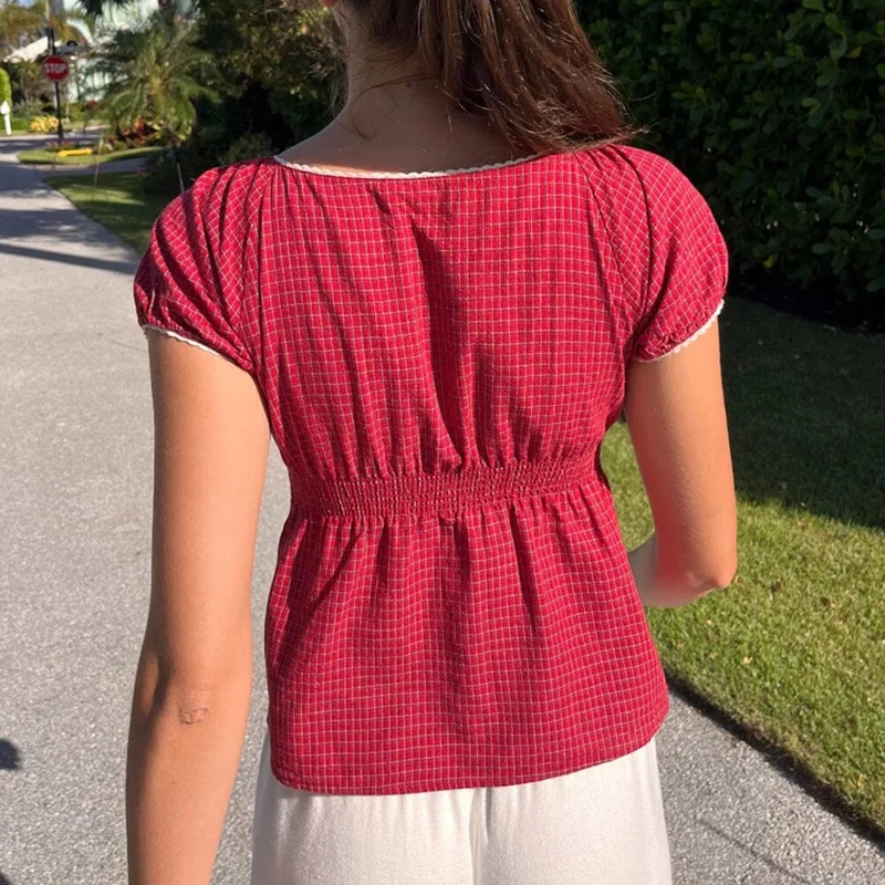 Camiseta bonita Vintage con cuello cuadrado para mujer, camisetas de manga corta para lechera, blusa con botones a cuadros para cabaña, Tops cortos Y2k Fairy Gyaru
