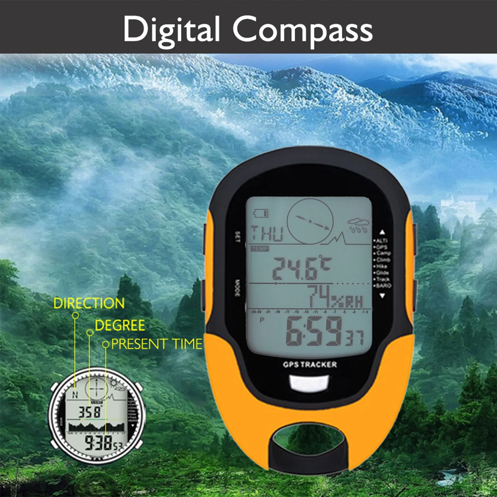 SUNROAD GPS Navigation Receiver Handheld USB Rechargeable Digital Altimeter Barometer