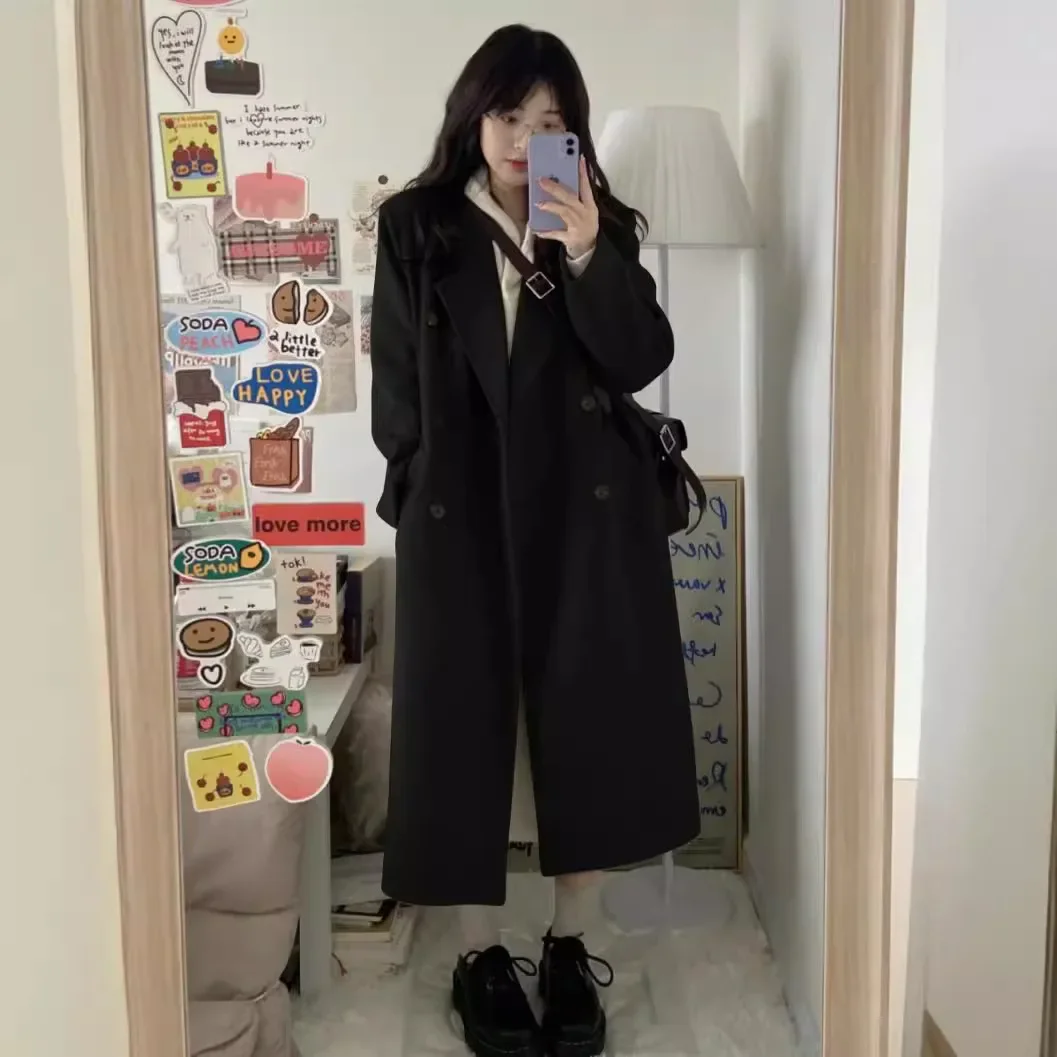 المرأة منتصف طول معطف صوفي سميك أسود الكورية نمط فضفاض التخسيس الخريف الشتاء جديد وصول ألياف البوليستر سترة واقية